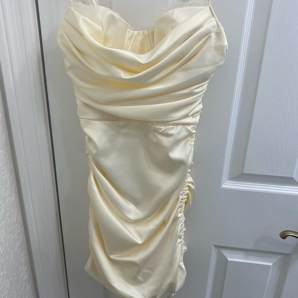 All for u lace trim satin mini dress oysterwhite
